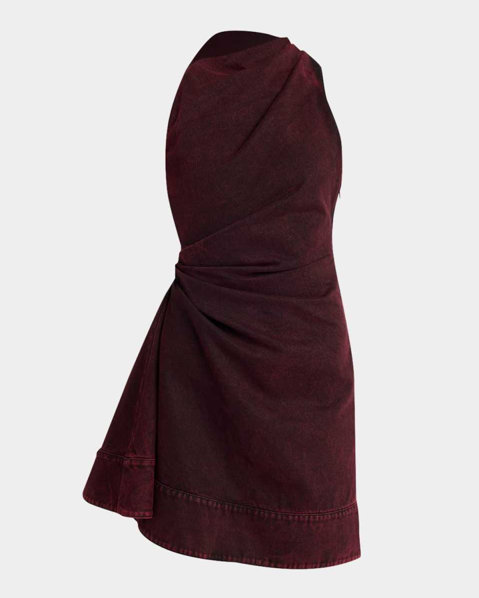 Red-Wash Denim Draped Sleeveless Mini Dress